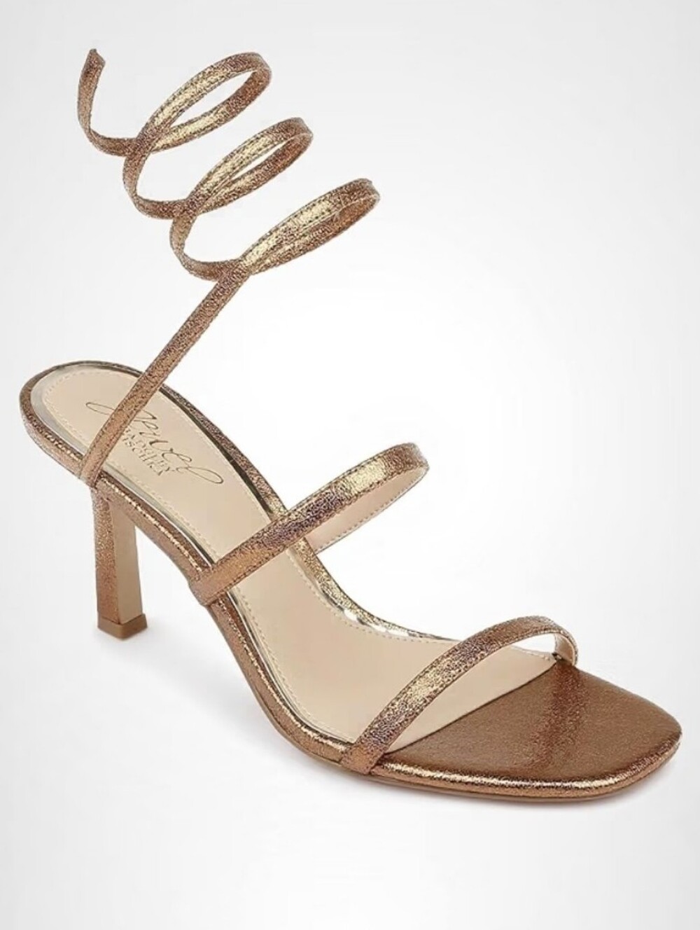 Jewel Badgley Mischka Reina Metallic Wrapped Spiral Ankle Strap Heels Size 10